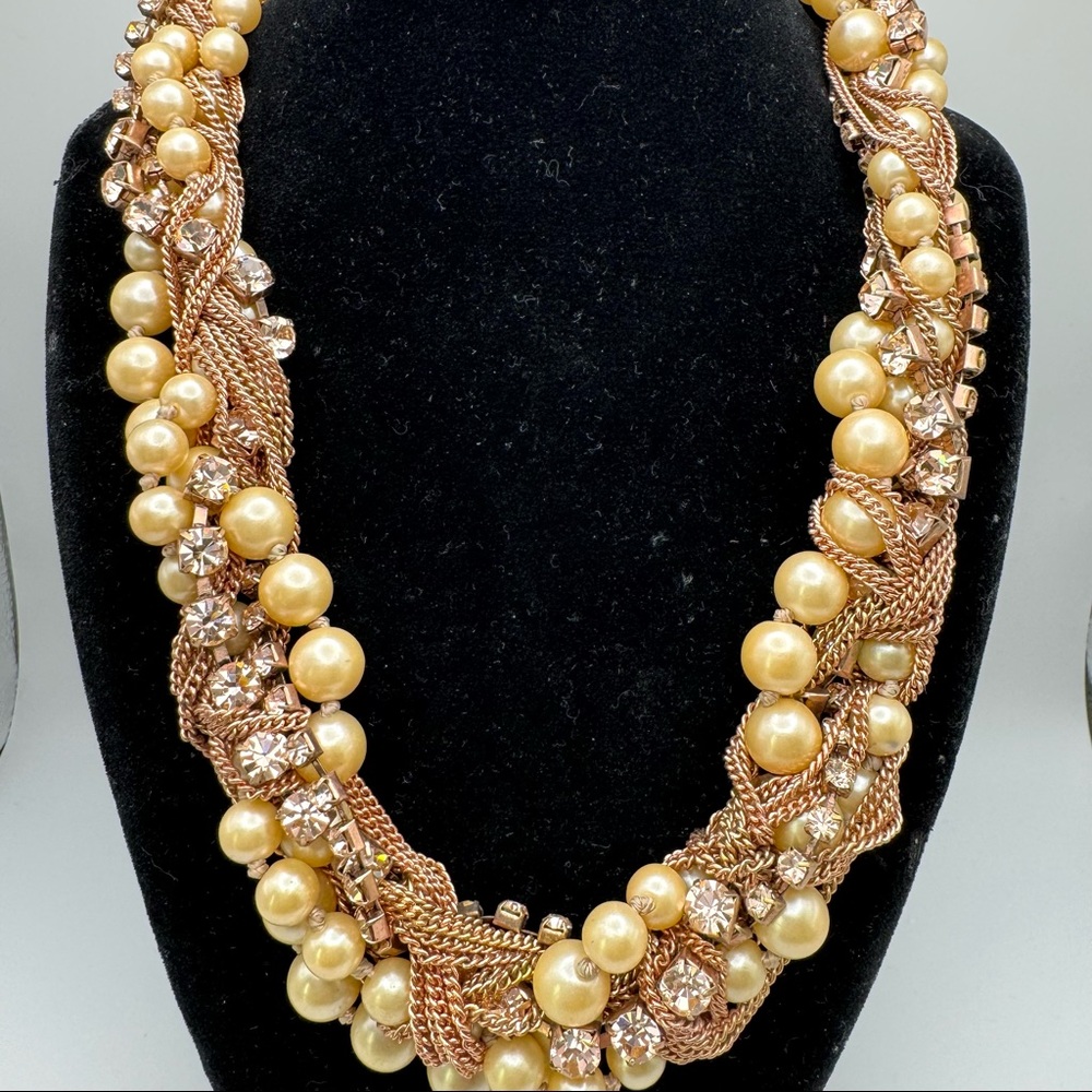 J.Crew Pearl & Rose Gold Mixed Metal & Rhinestone Statement Necklace Vintage 19”